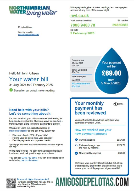 imprimível Modelo de conta de serviços públicos de água da Nortúmbria do Reino Unido em formatos Word e PDF, versão 2
